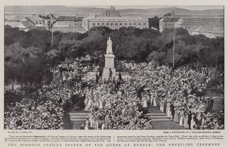 Het Diamanten Jubileum Standbeeld van de Koningin in Durban, de Onthullingsceremonie door Joseph Nash