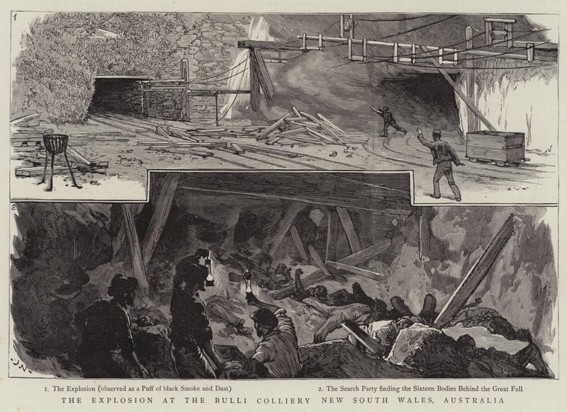 De explosie in de Bulli-mijn, New South Wales, Australië door Joseph Nash
