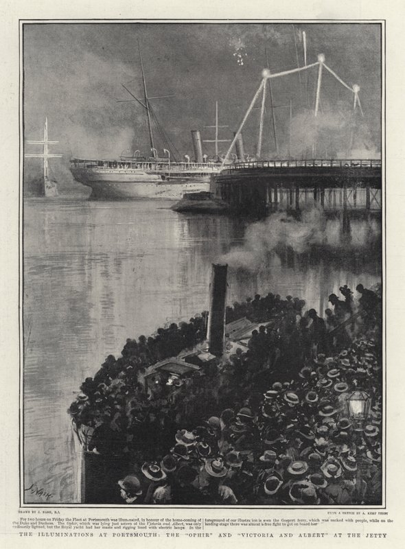 De verlichting in Portsmouth, de Ophir en Victoria en Albert bij de steiger door Joseph Nash
