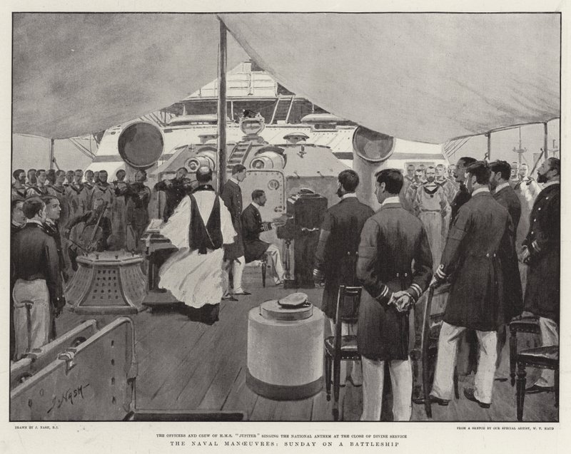 De marine-oefeningen, zondag op een slagschip door Joseph Nash