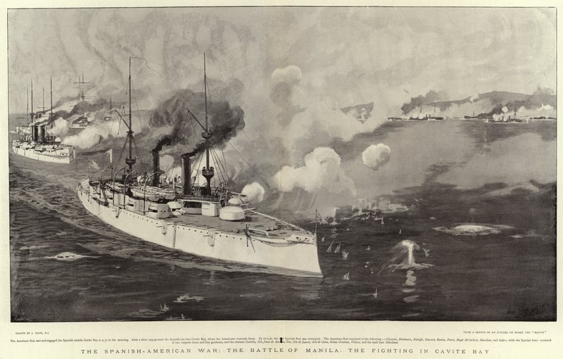 De Spaans-Amerikaanse Oorlog, de Slag bij Manilla, de gevechten in Cavite Bay door Joseph Nash