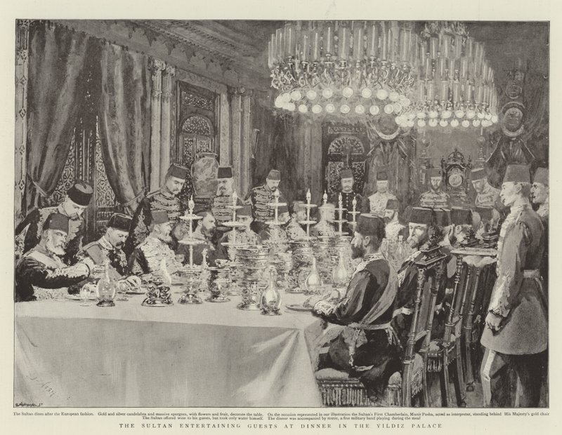 De sultan vermaakt gasten tijdens het diner in het Yildiz-paleis door Joseph Nash