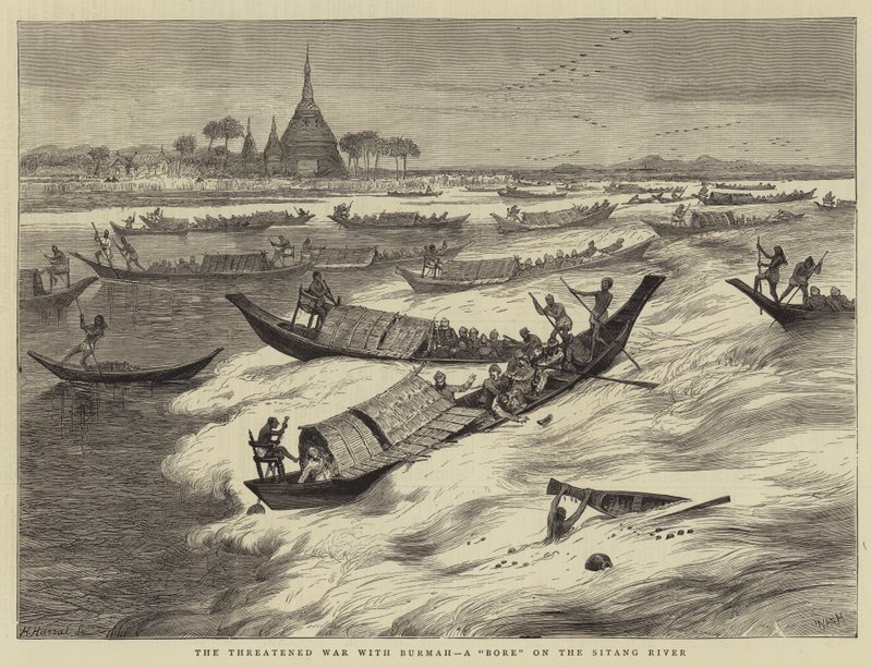 De bedreigde oorlog met Birma, een boor op de Sitang-rivier door Joseph Nash