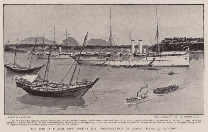 De oorlog in Brits Oost-Afrika, de ontscheping van Indiase troepen in Mombasa door Joseph Nash