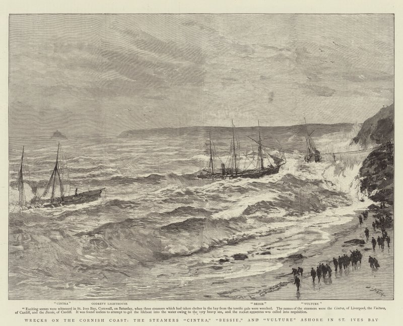 Wrakken aan de Cornish kust, de stoomschepen Cintra, Bessie en Vulture aan de grond in St Ives Bay door Joseph Nash