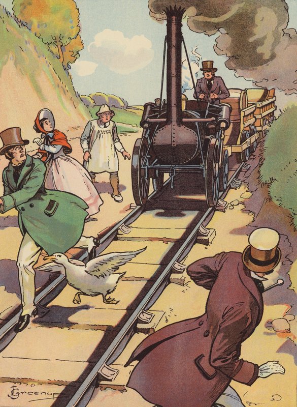 Een vroege locomotief (kleur litho) door Joseph Greenup
