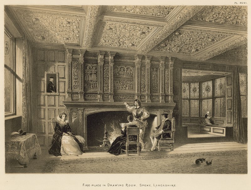 Open haard in de salon, Speke, Lancashire door Joseph Nash