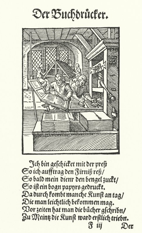 De boekdrukker (gravure) door Jost (after) Amman