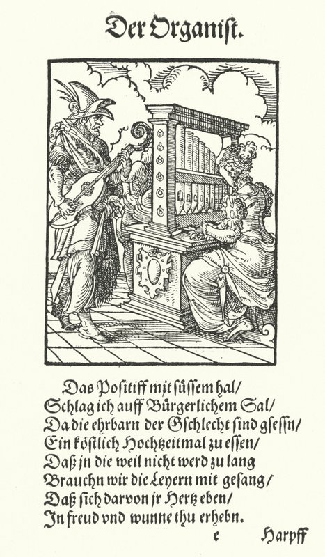 De organist (gravure) door Jost (after) Amman