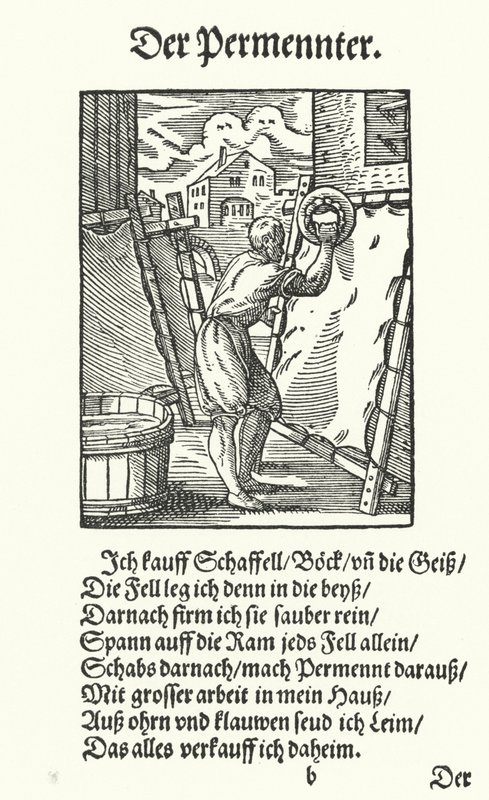 De perkamentmaker (gravure) door Jost (after) Amman