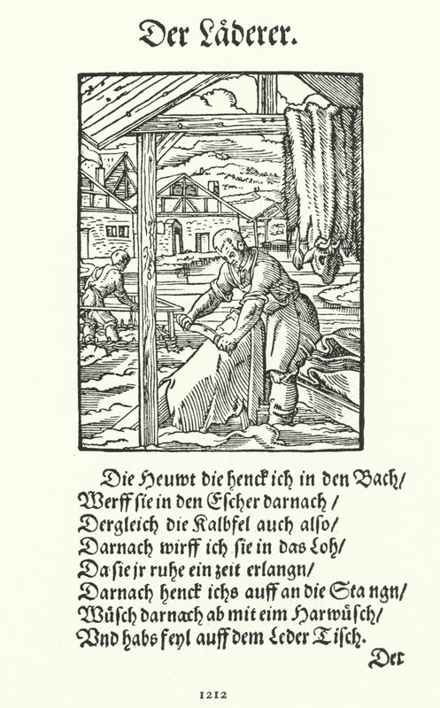 De leerlooier (gravure) door Jost (after) Amman