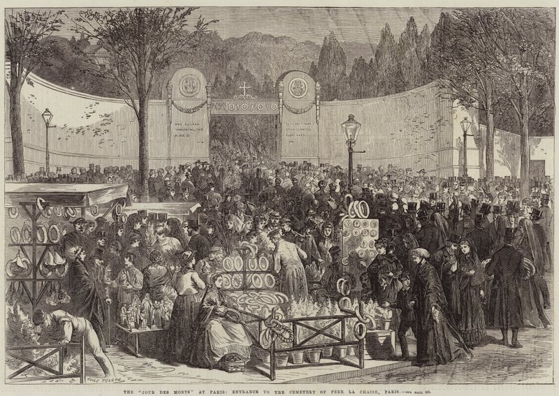 De Jour Des Morts in Parijs, Ingang van de Begraafplaats van Père Lachaise, Parijs door Jules Pelcoq