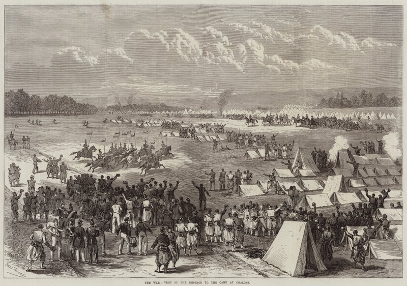 De oorlog, bezoek van de keizer aan het kamp in Chalons door Jules Pelcoq