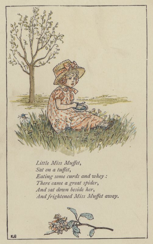 Kleine Miss Muffet (kleur litho) door Kate (after) Greenaway