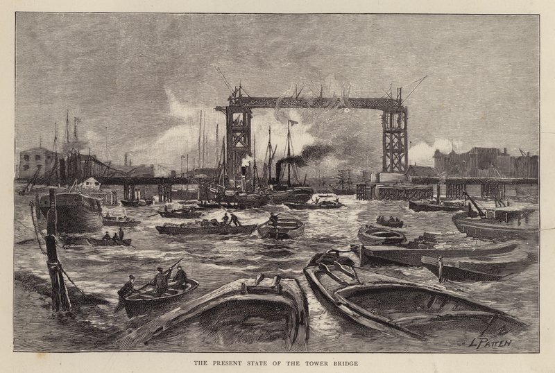 Tower Bridge in aanbouw, Londen door Leonard Patten