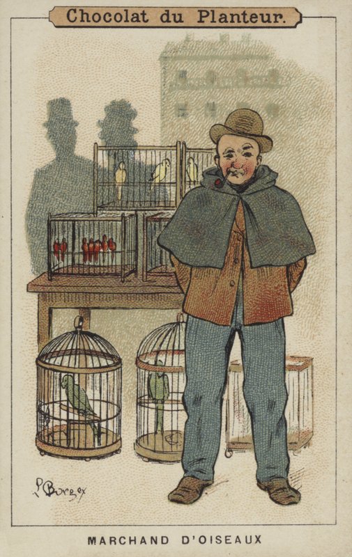 Vogelverkoper (chromolitho) door Louis Borgex