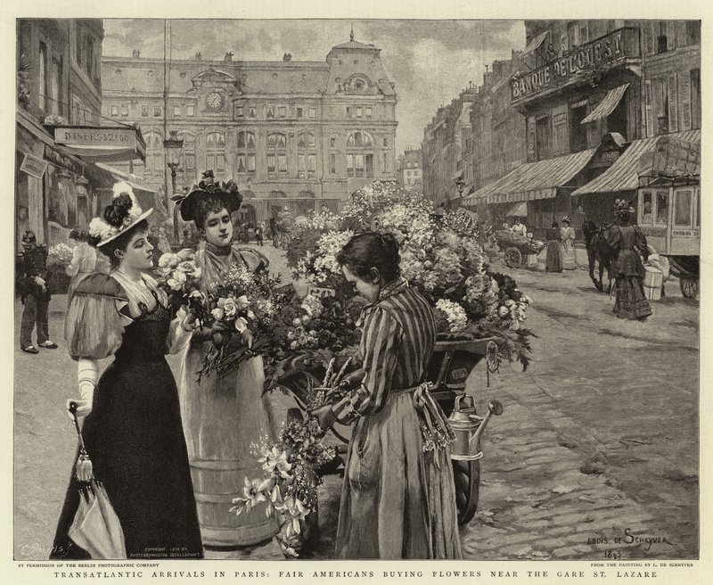 Trans-Atlantische aankomsten in Parijs, Amerikaanse toeristen kopen bloemen bij het Gare St Lazare door Louis de Schryver