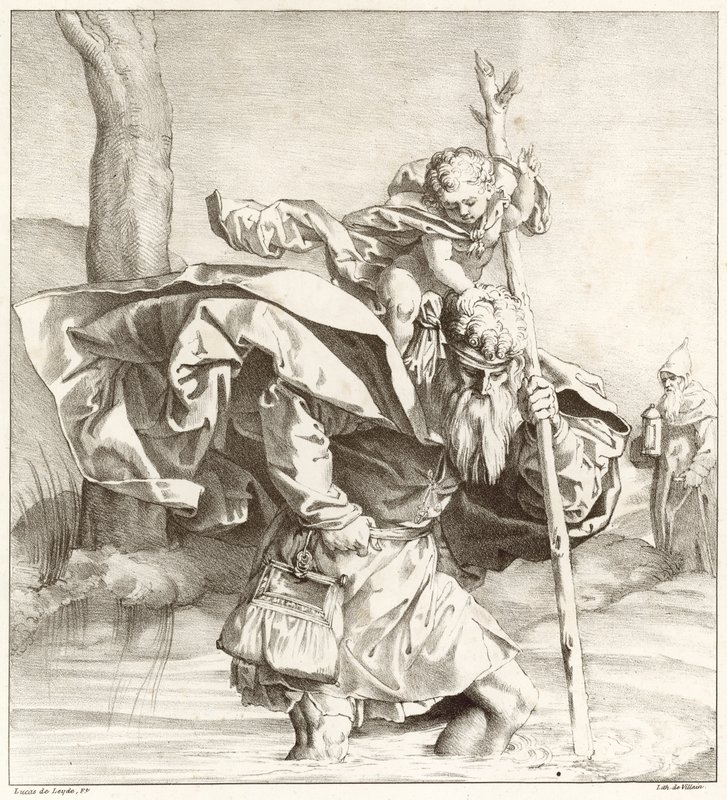 Sint Christoffel draagt het Christuskind door Lucas van Leyden