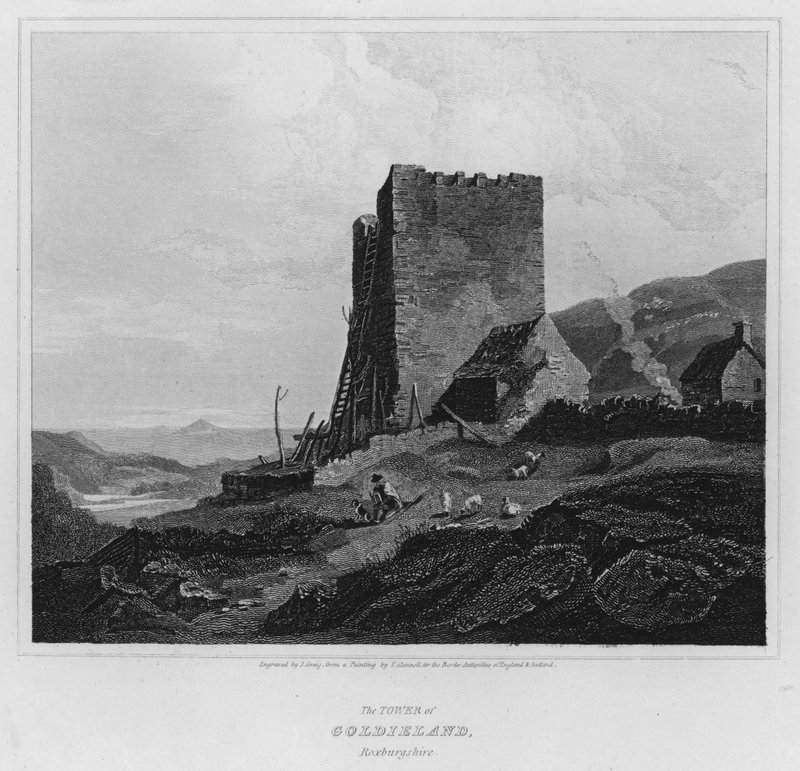 De Toren van Goldieland, Roxburgshire (gravure) door Luke (after) Clennell