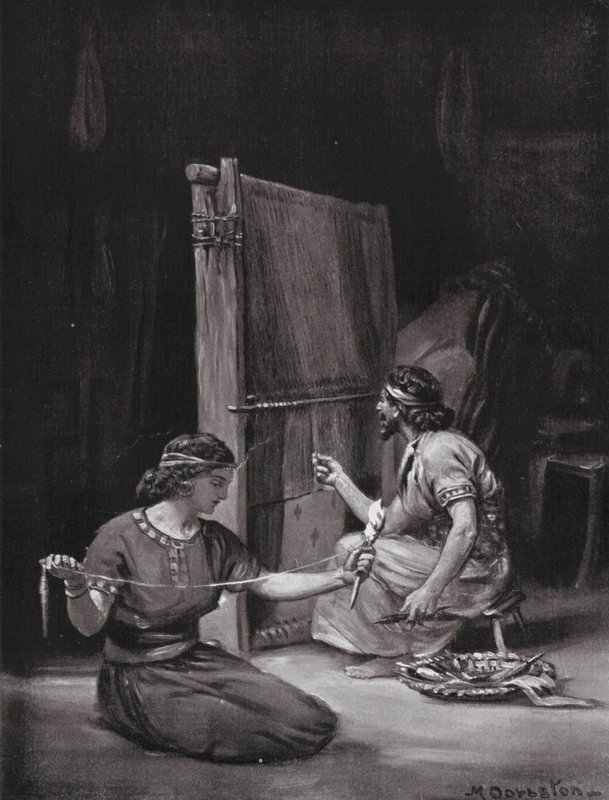 Een Babylonisch weefgetouw (litho) door Margaret (after) Dovaston