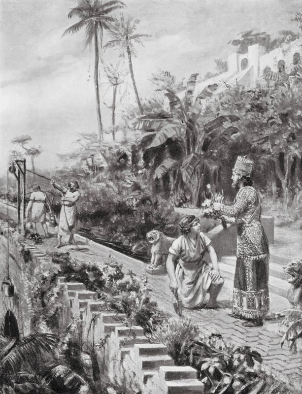 De hangende tuinen van Babylon (litho) door Margaret (after) Dovaston