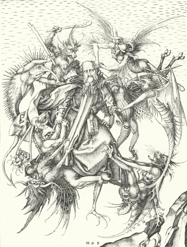 Verleiding van St. Antonius (gravure) door Martin (after) Schongauer