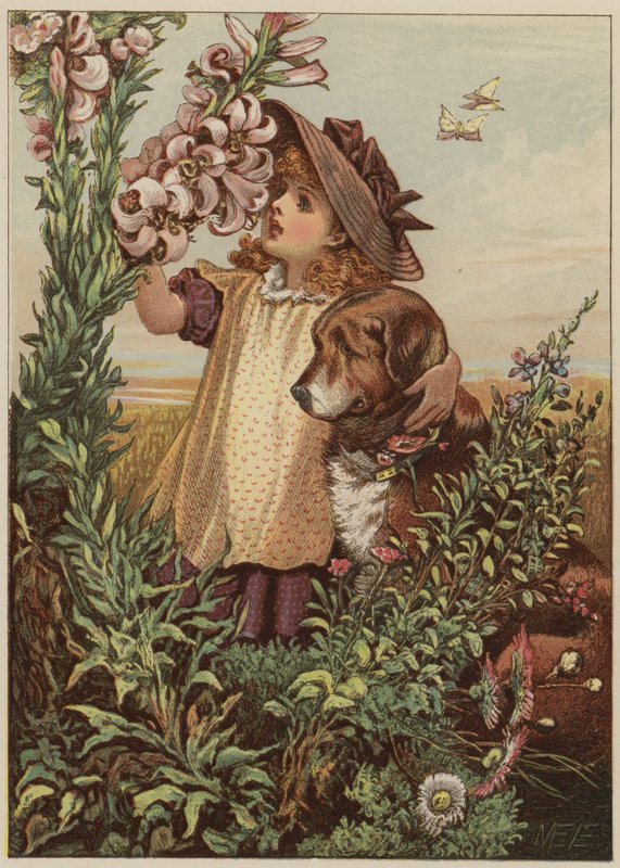 Meisje met hond ruikt bloemen door Mary Ellen Edwards