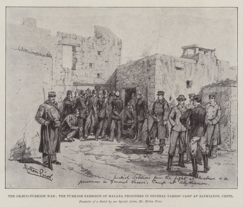De Grieks-Turkse Oorlog, het Turkse garnizoen van Malaxa gevangenen in het kamp van generaal Vassos in Alykianon, Kreta door Melton Prior