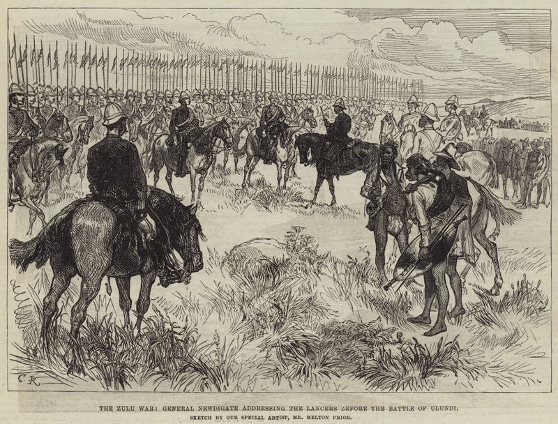 De Zoeloe-oorlog, generaal Newdigate spreekt de Lancers toe voor de Slag bij Ulundi door Melton Prior