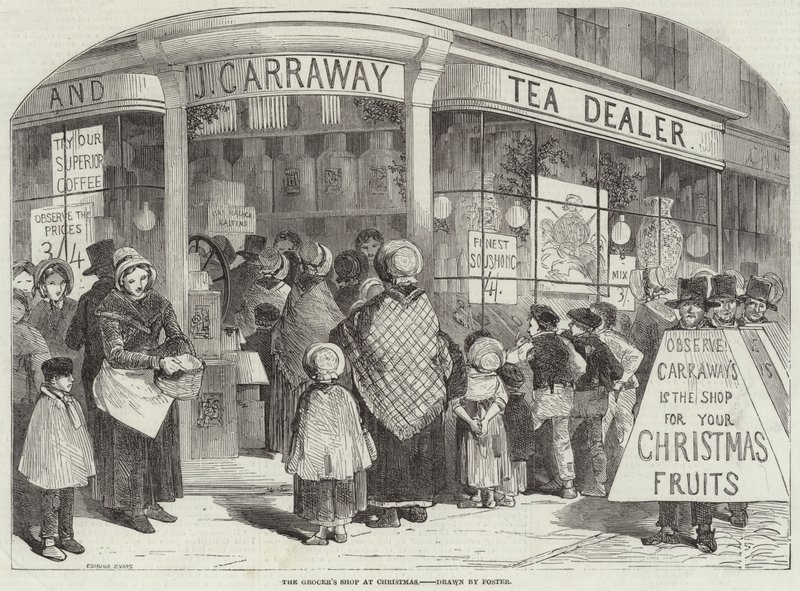 De kruidenierswinkel met Kerstmis door Myles Birket Foster