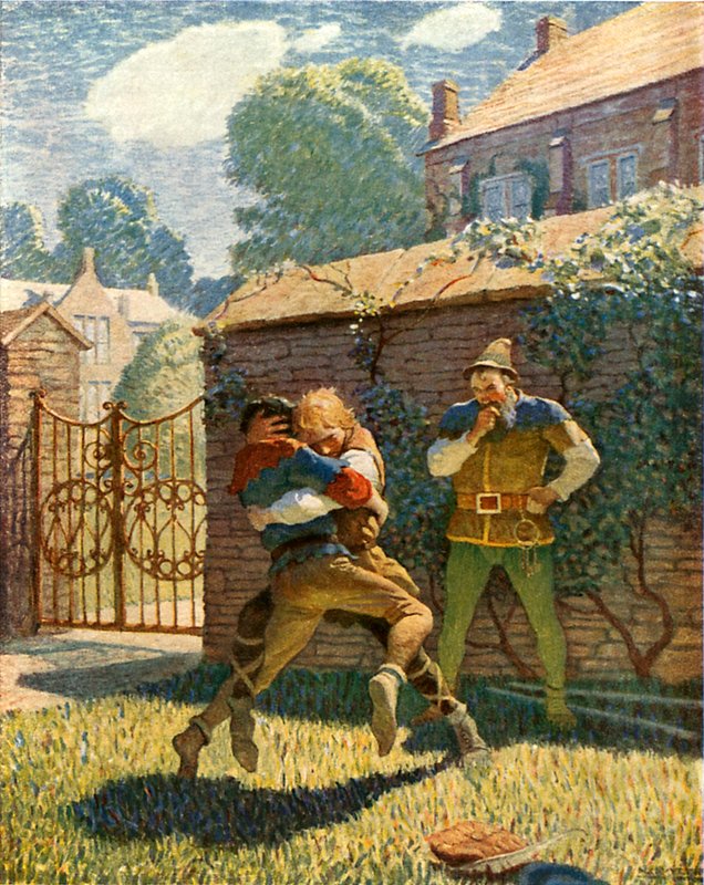 Kleine John worstelt in Gamewell door Newell Convers Wyeth