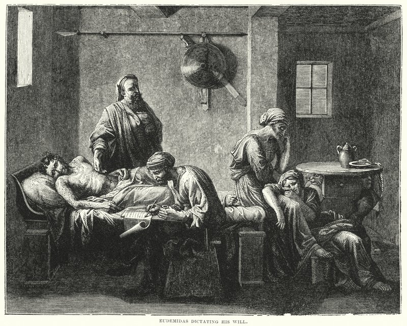 Eudemidas dicteert zijn testament (gravure) door Nicolas (after) Poussin