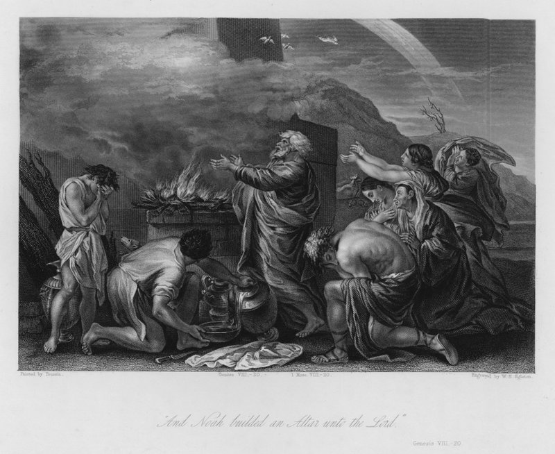 Noachs Offer, Genesis VIII, 20 (gravure) door Nicolas (after) Poussin