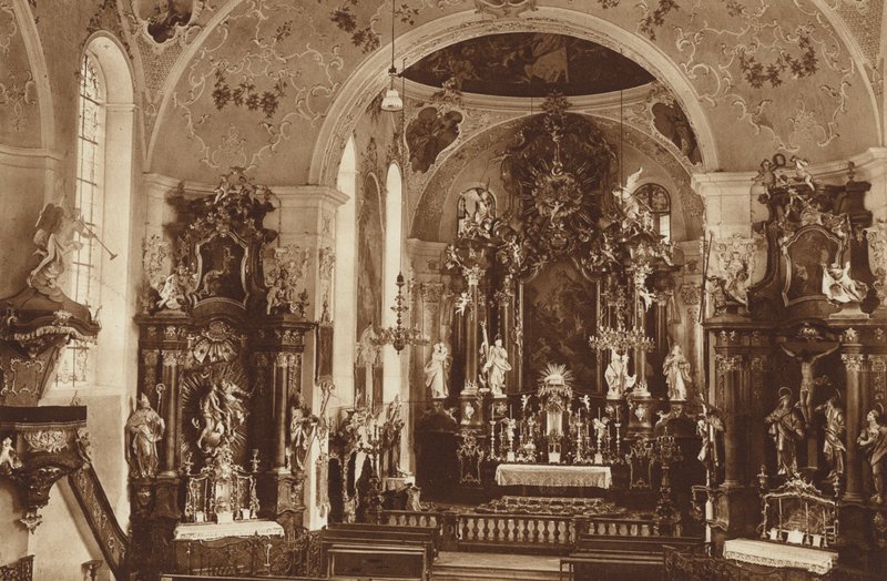 Parochiekerk, Oberammergau, interieur van de kerk door Otto Ballerstedt