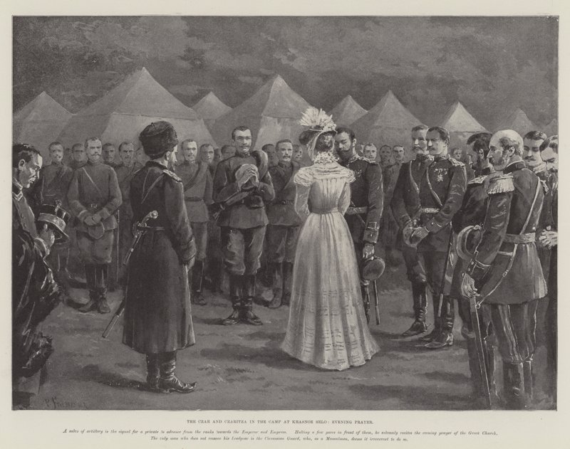 De tsaar en tsarina in het kamp bij Krasnoe Selo, avondgebed door Paul Frenzeny