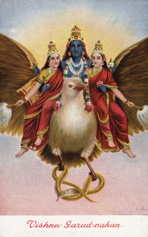 De Hindoe god Vishnu, rijdend op zijn voertuig Garuda door Raja Ravi Varma