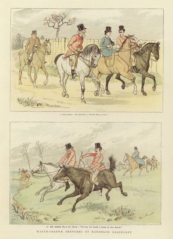 Paardrijden aquarel schetsen door Randolph Caldecott