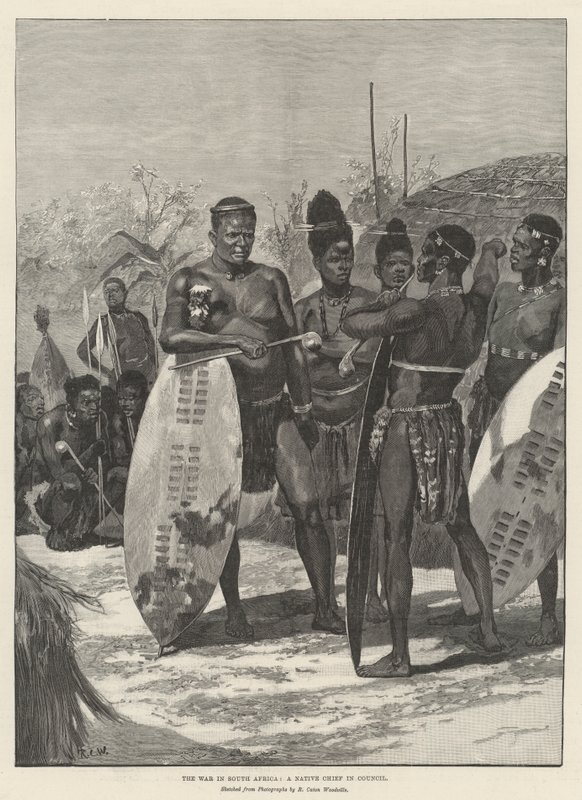 De oorlog in Zuid-Afrika, een inheemse leider in raad door Richard Caton Woodville junior