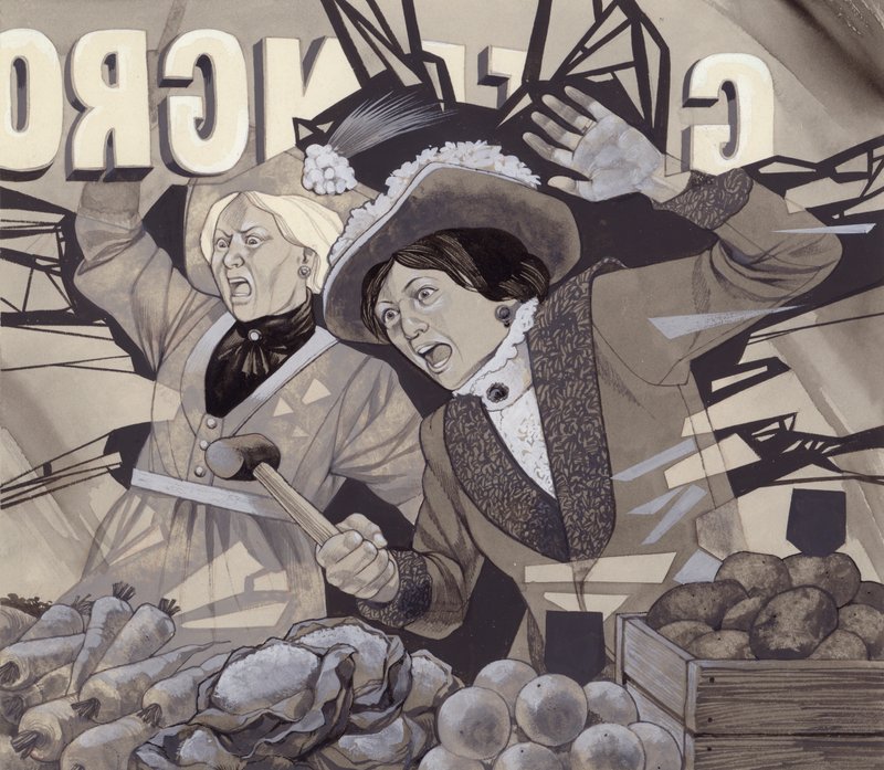 Suffragettes die ruiten ingooien (gouache op papier) door Richard Hook