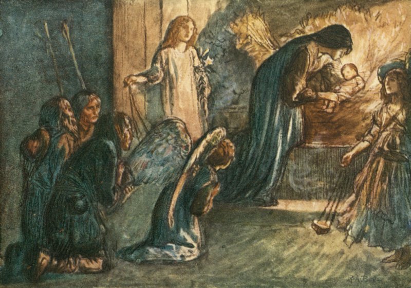 Maar zie! De gezegende Maagd heeft haar Kind te ruste gelegd door Robert Anning Bell