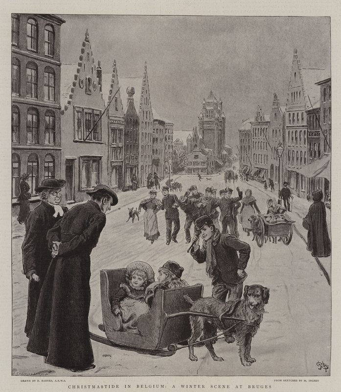 Kersttijd in België, een Winterscène in Brugge door Robert Barnes