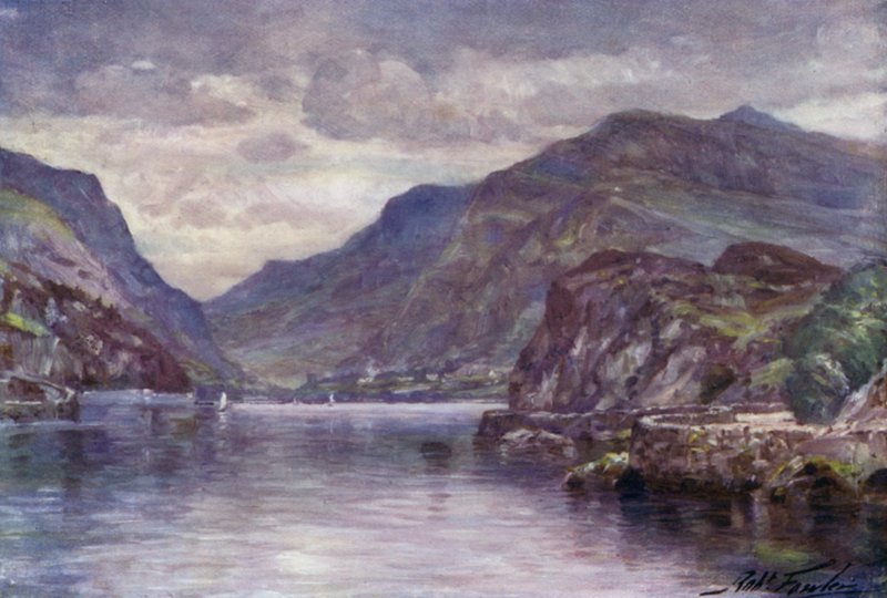 Snowdon vanaf Llanberis Meer (kleur litho) door Robert (after) Fowler