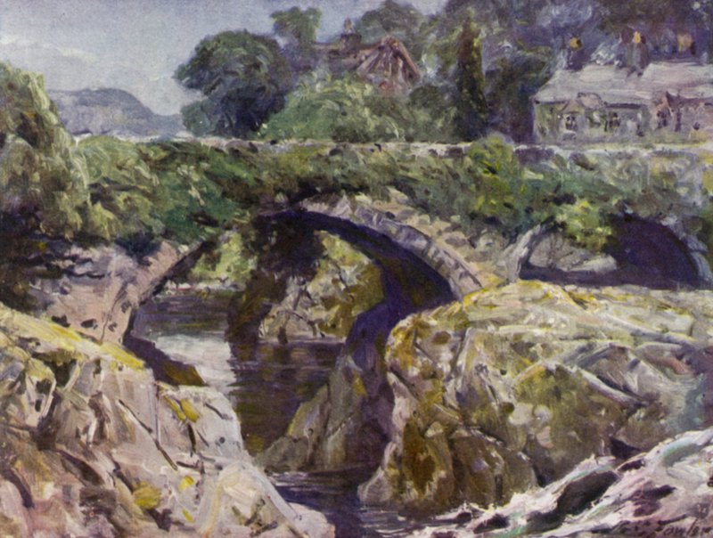 De oude brug, Bettws-y-Coed (kleur litho) door Robert (after) Fowler