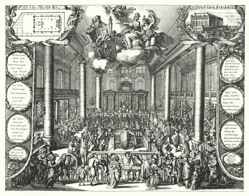 De Portugese Synagoge, Amsterdam door Romeyn de (after) Hooghe