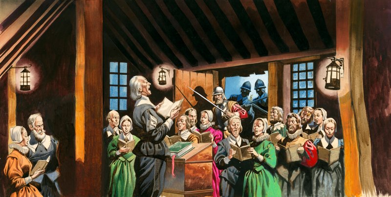 Nonconformisten die de Pilgrim Fathers werden door Ron Embleton