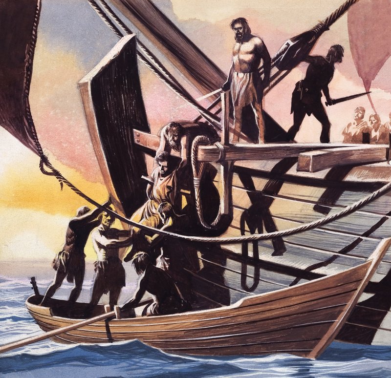 Piraten nemen een gevangene (gouache op papier) door Ron Embleton