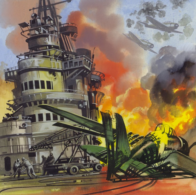De Slag om Midway (gouache op papier) door Ron Embleton