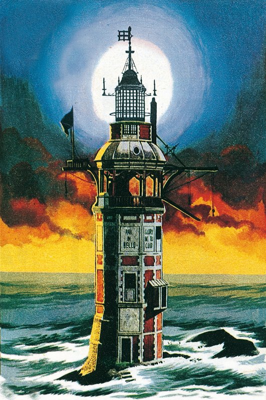 De eerste vuurtoren van Eddystone (litho) door Ron Embleton