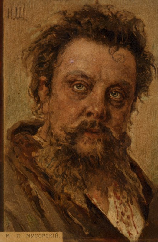 Portret van Modest Moessorgski door Russian School