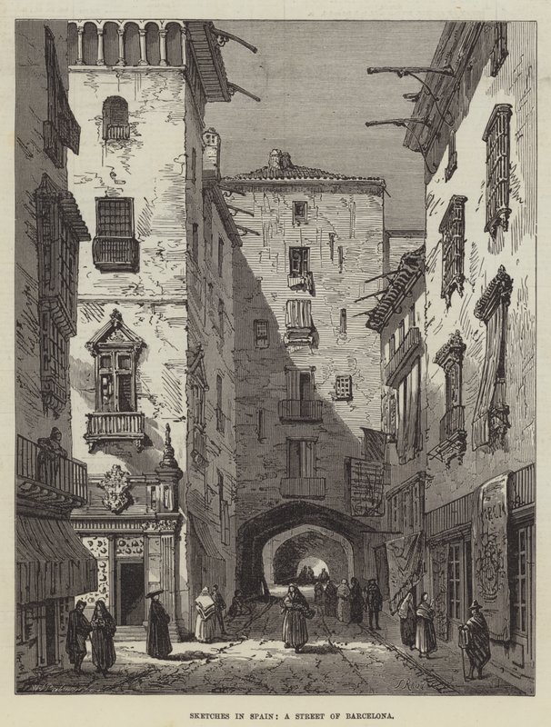 Schetsen in Spanje, een straat in Barcelona door Samuel Read